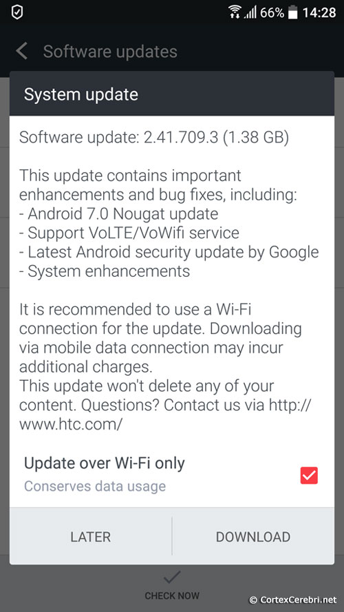 System update - Software update: 2.41.709.3 (1.38 GB) - HTC 10 Nougat Android 7 Update Release in Europe