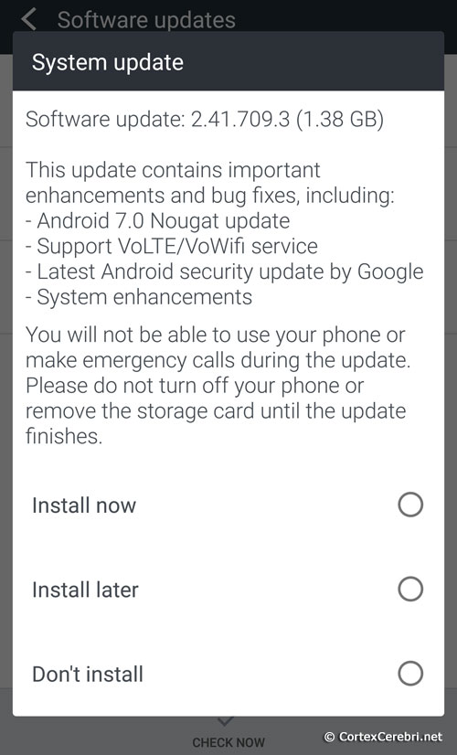 System update - Software update: 2.41.709.3 (1.38 GB) - Install now / Install later / Don't install - HTC 10 Nougat Android 7 Update Release in Europe